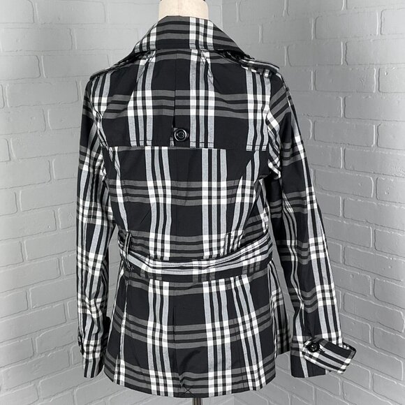 JouJou Jacket Women Small Black Gray White Plaid Trench Short Notch‎ Belt Cotton - Picture 4 of 12